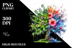 Vibrant Watercolor Tree with Flowers PNG Product Image 1
