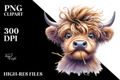 Funny Highland Cow with Hay Straw PNG Product Image 2