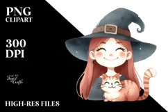 Vintage Witch with Cat Watercolor PNG Product Image 2