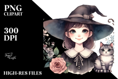 Vintage Witch with Cat Watercolor PNG Product Image 2