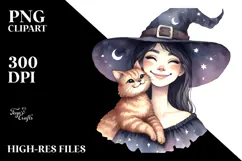 Vintage Witch with Cat Watercolor PNG Product Image 2