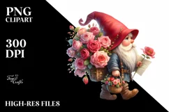 Watercolor Small Gnome Carrying Rose Bouquet Product Image 1