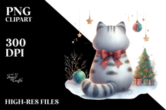 Cute Watercolor Cat with Christmass Decorations PNG Product Image 2