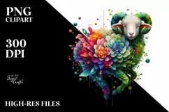 Vibrant Watercolor Lamb with Flowers PNG Product Image 1