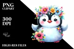 s Baby Penguin Whimsical Flowers Clipart Product Image 1