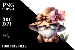 Cute Gnome with Orchid, White Background PNG Product Image 2