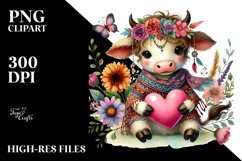 Cute Boho Cow Art, PNG Product Image 2