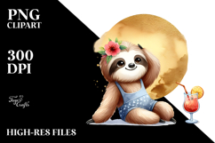 Watercolor Cute Sloth in Beachwear PNG Product Image 2