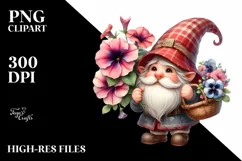 Watercolor Cute Gnome Holding Petunia Bouquet Product Image 1