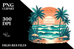 Retro Tropical Beach Sunset Clipart PNG Product Image 2