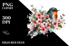 Grunge Bird with Spring Flowers, Transparent PNG Product Image 2