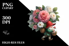 Watercolor Small Gnome Carrying Camellia Bouquet Product Image 1