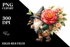 Watercolor Small Gnome Carrying Camellia Bouquet Product Image 3