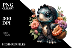 Gothic Baby Turtle with Zinnia Bouquet | Clipart Product Image 2