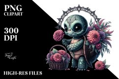Gothic Baby Turtle with Zinnia Bouquet | Clipart Product Image 1