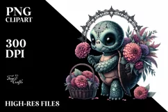 Gothic Baby Turtle with Zinnia Bouquet | Clipart Product Image 1