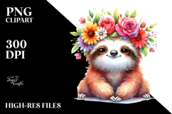 Cartoon Sloth with Flower Crown, High-Res PNG Product Image 2