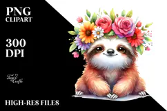 Cartoon Sloth with Flower Crown, High-Res PNG Product Image 2
