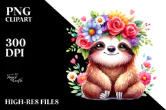 Cartoon Sloth with Flower Crown, High-Res PNG Product Image 2