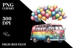 Watercolor Vintage Vibrant Van with Balloons | Sublimation Product Image 1