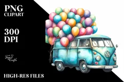 Watercolor Vintage Vibrant Van with Balloons | Sublimation Product Image 1