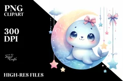 Colorful Smiling Baby Seal Moon Clipart Product Image 1