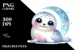 Colorful Baby Ringed Seal Under Moon | Sublimation | Clipart Product Image 1