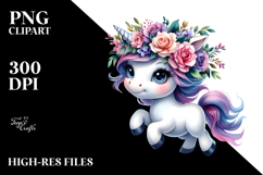 Cute Running Unicorn with Floral Wreath PNG Product Image 2