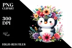 Cartoon-Style Penguin with Flower Crown | Clipart Product Image 1