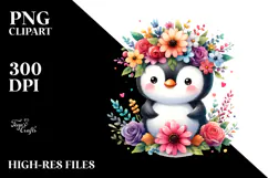 Cartoon-Style Penguin with Flower Crown | Clipart Product Image 2