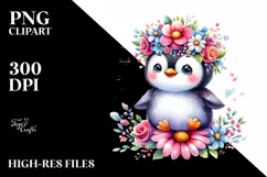 Cartoon-Style Penguin with Flower Crown | Clipart Product Image 1