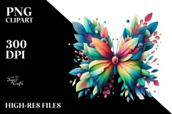 Abstract Vibrant Watercolor Butterfly with Flowers PNG Product Image 3