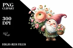 Cute Gnome Holding Flower Basket and Ranunculus Bouquet | Product Image 3