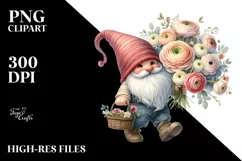 Cute Gnome Holding Flower Basket and Ranunculus Bouquet | Product Image 1
