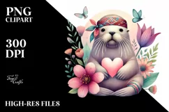 Cute Boho Walrus Heart on Flower PNG Product Image 2