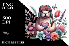 Cute Boho Walrus Heart on Flower PNG Product Image 2