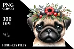 Cute Pug with Wreath on Head | Watercolor Clipart Product Image 1