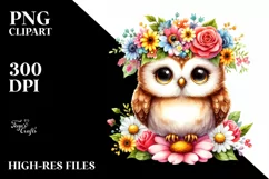 Watercolor Owl Sitting Flower Crown Clipart Product Image 3