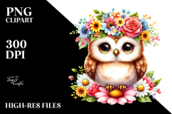 Watercolor Owl Sitting Flower Crown Clipart Product Image 2