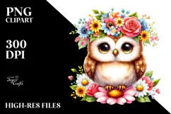 Watercolor Owl Sitting Flower Crown Clipart Product Image 2