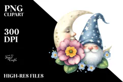 Cute Gnome with Delphinium on Moon PNG Product Image 2