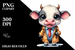 Watercolor Baby Cow with Big Teeth and Raincoat | Clipart Product Image 1
