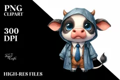 Watercolor Baby Cow with Big Teeth and Raincoat | Clipart Product Image 3