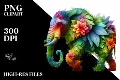 Abstract Vibrant Watercolor Elephant with Flowers PNG Product Image 1