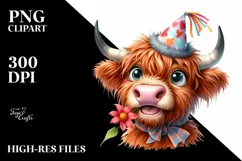 Highland Cow Party Hat Watercolor Clipart Product Image 3