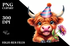 Highland Cow Party Hat Watercolor Clipart Product Image 1