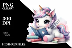 Colorful Watercolor Pastel Unicorn Reading | Clipart Product Image 1