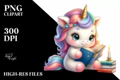 Colorful Watercolor Pastel Unicorn Reading | Clipart Product Image 1
