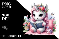 Cute Baby Unicorn Reading Watercolor Product Image 1