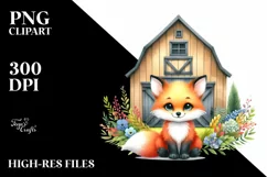 Funny Baby Fox Sitting in Front of Barn | Sublimation | Product Image 1